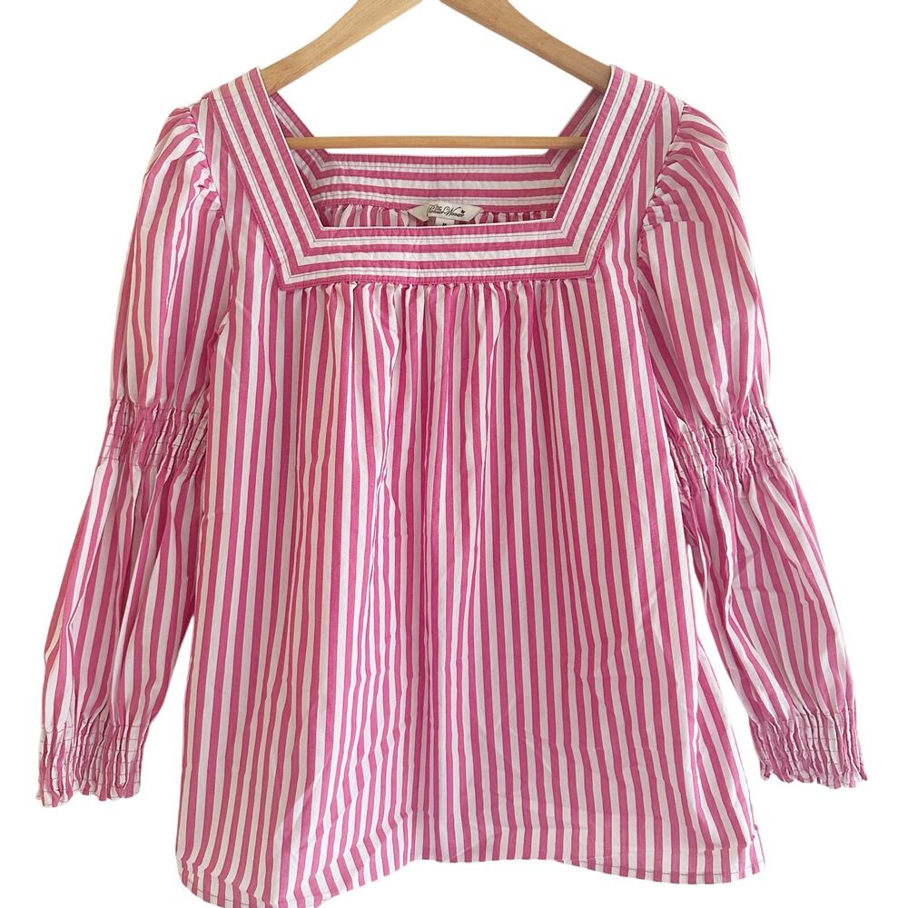 The Pioneer Woman Smocked Sleeve Square Neck Blouse Powder Pink Striped Size M